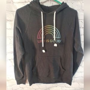 Life Is Good Pullover Black Hoodie Rainbow Graphic M Womens